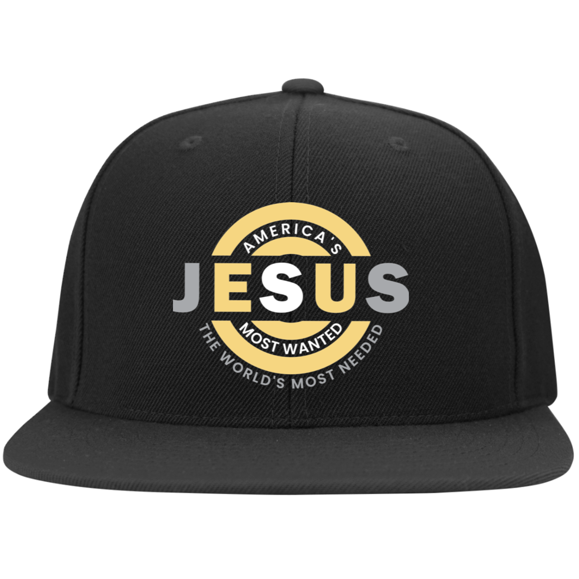 JESUS AMERICA'S MOST WANTED Embroidered Flat Bill Twill Flexfit Cap