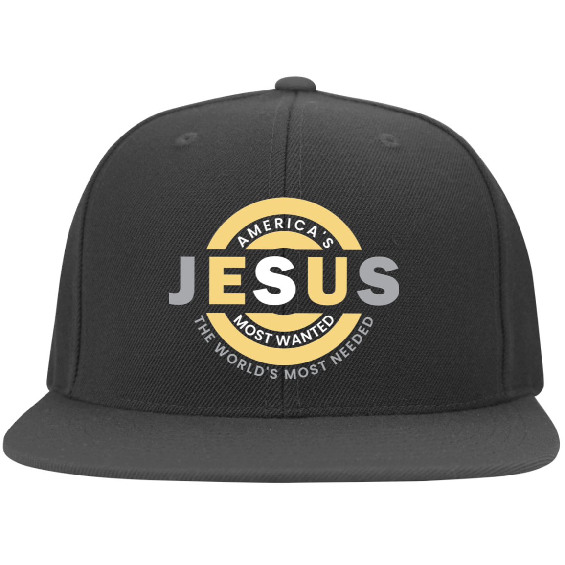 JESUS AMERICA'S MOST WANTED Embroidered Flat Bill Twill Flexfit Cap