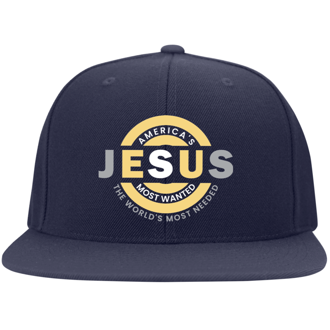JESUS AMERICA'S MOST WANTED Embroidered Flat Bill Twill Flexfit Cap