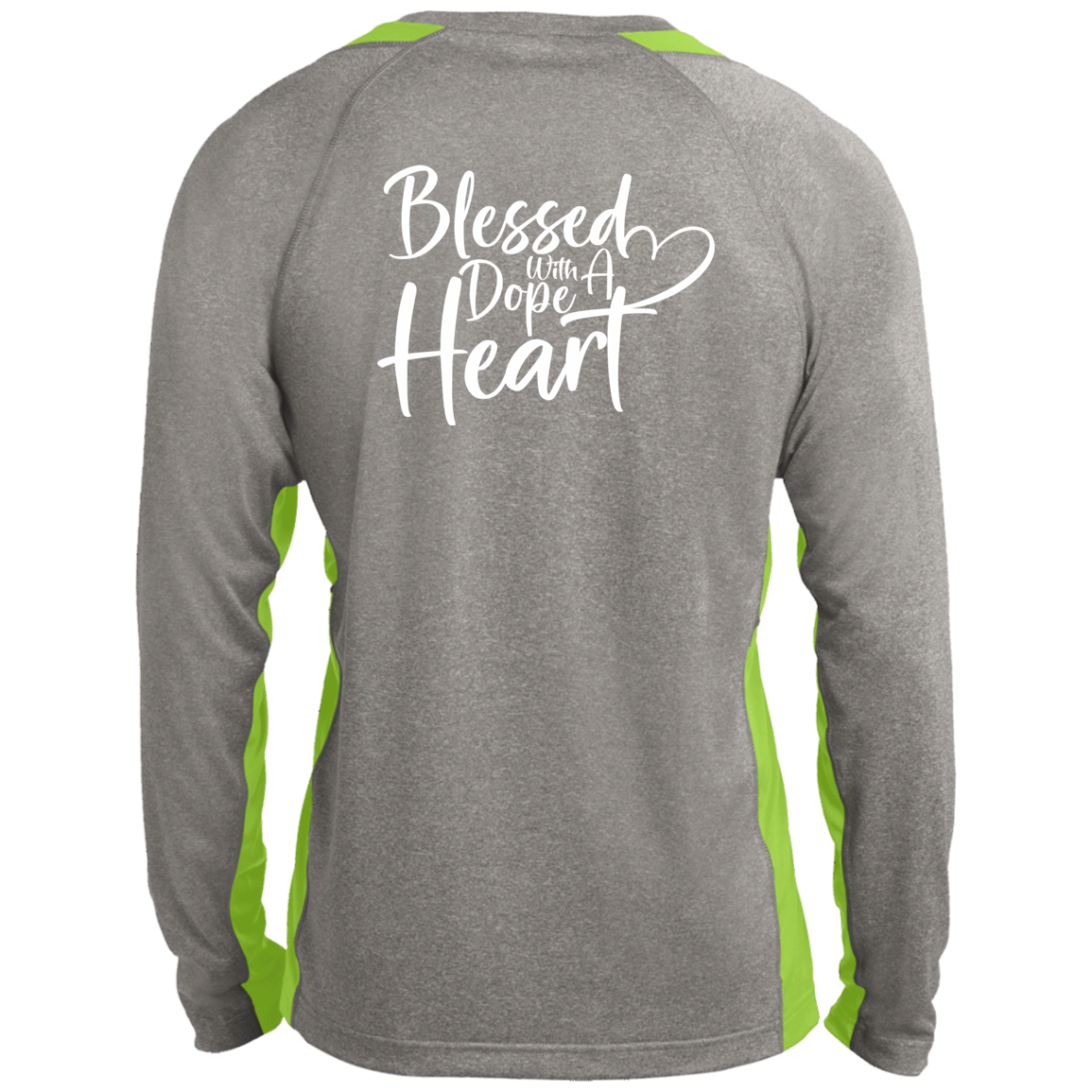 BLESSED WITH A DOPE HEART Long Sleeve Heather Colorblock Performance Tee